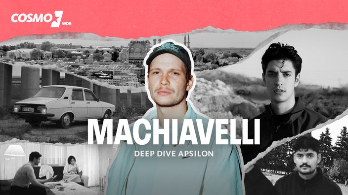 Machiavelli - Deep Dive Apsilon: Haut wie Pelz; Jan Kawelke vor einer Collage mit Bildern von Apsilon