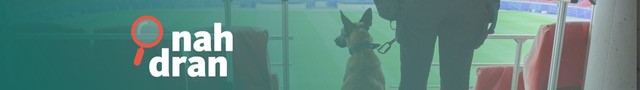Eine Polizistin steht mit einem Diensthund in einem leeren Fußballstadion und schaut auf die Tribünen 