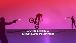 Illustration zum Hörspiel: Die 4 Leben des NeShawn Plummer: Es sind Silhouetten zu sehen, von einem Jungen der Fahrrad fährt und von zwei Personen, die Pistolen abfeuern.