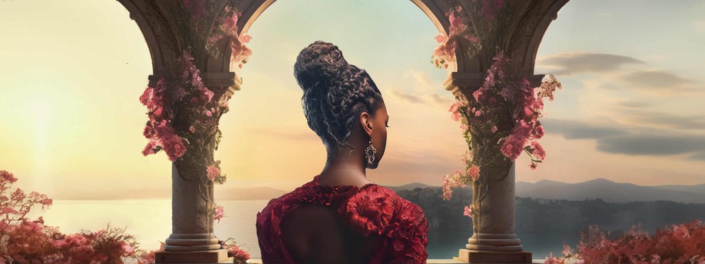 Eine schwarze Frau in rotem Ballkleid steht auf einem mit Blumen geschmückten Balkon, Schriftzug: The Belles.