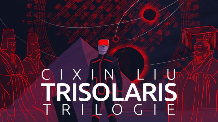 Die drei Sonnen strahlen rot über einer Pyramide. Dazu der Schriftzug "Cixin Liu - Trisolaris-Trilogie"