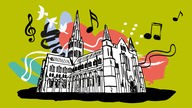 Illustration zur Sendung WDR 3 Geistliche Musik, zu sehen ist eine Kirche und symbolische Notenschlüssel.