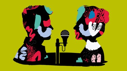 Illustration zu WDR 3 Gespräch am Samstag: 2 Personen stehen am Mikrofon.