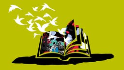 Illustration WDR 3 Gutenbergs Welt: Ein aufgeschlagenes Buch, aus dem Buch fliegen Vögel.