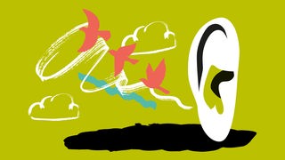 Illustration WDR 3 Lesung: Ein Ohr, daneben fliegende Vögel.
