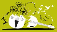 Illustration zur WDR 3 Studio Neue Musik: Ein zerbrochenes Cello aus dessen Mitte Blumen und Vögel entspringen.