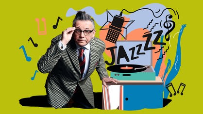 Ein Foto von Götz Alsmann, außerdem die Illustration eines Plattenspielers und der Schriftzug "Jazz".