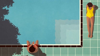 Illustration: Blick von oben auf ein Paar beim Sonnenbaden am Pool.