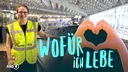 Melissa Ergül-Puopolo ist als Abschiebe-Beobachterin im Auftrag von Diakonie und Caritas am Frankfurter Flughafen. Darüber das Logo der Serie: Zwei Hände formen ein Herz, in dessen Mittelpunkt der Schriftzug "Wofür ich lebe" steht.