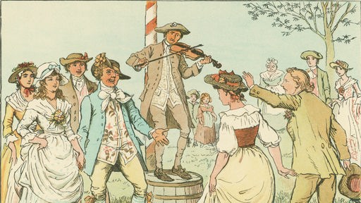 Zeichnung (1884): Eine Fiddler steht auf einem Fass in der Mitte, während Menschen um ihn und einen Maibaum herum tanzen.