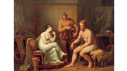 Als Odysseus nach dem Krieg um Troja und seiner Irrfahrt zu Penelope zurückkehrte, erkennt diese ihn zunächst nicht. Erst seine Beschreibung gemeinsamen Bettstatt kann er Penelope von seiner Identität überzeugen. Diese Szene schildert Tischbein.