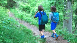 Zwei Kinder gehen auf einem Wanderweg.