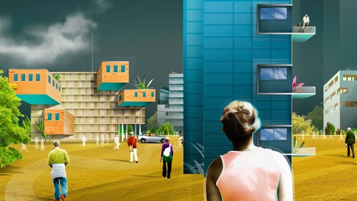 Illustration: Menschen gehen auf moderne Wohnhäuser zu.