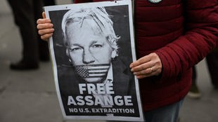 Eine Demo-Teilnehmerin hält ein Schild in der Hand, auf dem die Freilassung von Julian Assange gefordert wird
