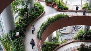 Besucher auf einer von vier Ebenen des vertikalen Gartens Green Oasis im CapitaSpring-Wolkenkratzer in Singapur.