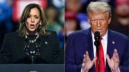 Foto-Collage von Kamala Harris und Donald Trump, beide während einer Rede im Wahlkampf. 