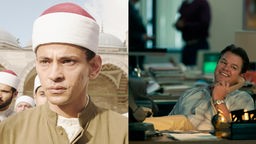 Filmszene aus "Die Kairo Verschwörung", die Hauptfigur Adam blickt ernst in die Ferne. Daneben Szene aus "Air", Sonny Vaccaro (Matt Damon) sitzt telefonierend am Schreibtisch.