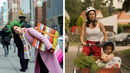 Links Szene aus "Elsbeth", Carrie Preston als Elsbeth Tascioni trägt eine Schaumstoffkrone der Freiheitsstatue. Rechts daneben Szene aus "Doppelhaushälfte", Mari (Maryam Zaree) sitzt mit ihrer Tochter (Frieda Anna Kellerer) auf einem Lastenfahrrad.