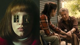 Cover-Bild von "Enfield Poltergeist", Mädchen mit Fenstern als Augen. Rechts daneben Szene aus "As They Made Us", Dianna Agron und Dustin Hoffman spielen in einer Szene und sitzen auf einer Veranda.