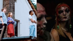 Filmszene aus "Roter Himmel", drei junge Leute stehen auf einem Dach und blicken in den Himmel. Daneben Szene aus "Infinity Pool", ein Mann und eine Frau tragen grotesk verzerrte und unheimlich wirkende Masken, die ihre Gesichter verdecken.
