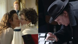 Filmszene aus "Sisi & Ich", Sisi küsst eine ihrer Gesellschafterinnen. Daneben Szene aus "Maigret", Komissar schaut sich Bilder mit einem Vergrößerungsglas an.