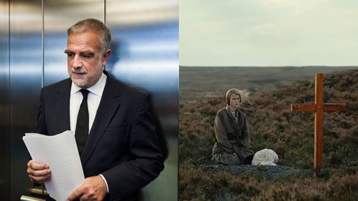 Filmszene aus "War and Justice", Luis Moreno Ocampo steht in einem Aufzug. Rechts daneben Szene aus "Bastarden", auch bekannt unter dem Titel "King's Land".