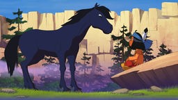 Yakari steht einem blauen Pferd gegenüber.