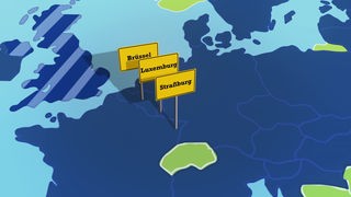 Ortsschilder von Brüssel, Luxemburg und Straßburg auf ein Europakarte gesteckt. (Animation)