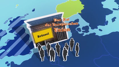 Animation mit Ortsschild von Brüssel, mehreren Personen und einer Europakarte als Untergrund.