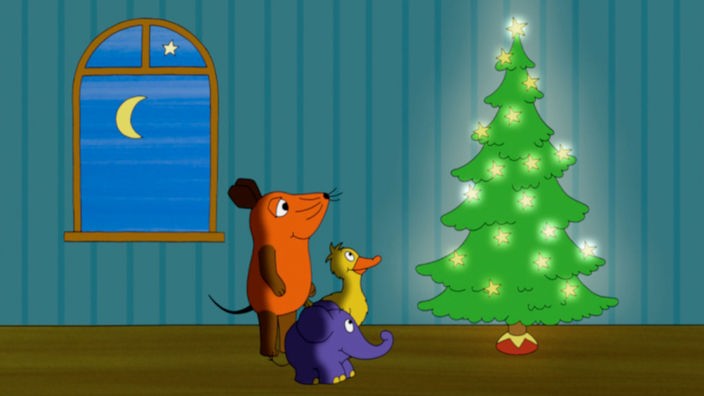 Maus, Elefant und Ente mit Weihnachtsbaum