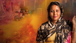 Collage: Eine junge, moderne Inderin; im Hintergrund die schemenhafte Abbildung einer Großstadt, Bilder armer, spielender Kinder und eine hinduistische, betende Versammlung   