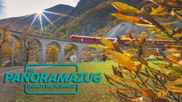 Das Bild zeigt einen Zug der über eine Brücke fährt in einer herbstlichen Landschaft. Unten links ist der Titel "Im Panoramazug durch die Schweiz" zu sehen.