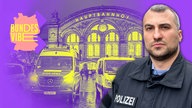 Rechts im Bild sieht man einen Polizisten in Uniform, links hinter ihm den Frankfurter Hauptbahnhof von vorne.