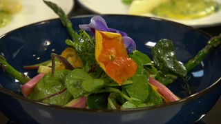 Das Bild zeigt einen Nudel-Karotten-Salat mit karamellisiertem Rhabarber und grünem Spargel