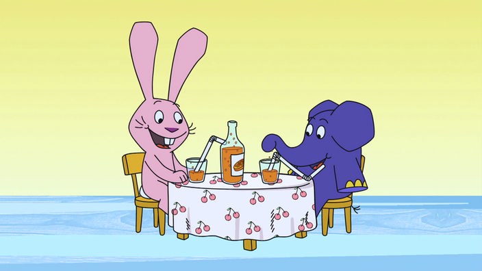Hase und Elefant trinken Limonade