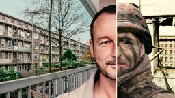 Fotomontage: Ein Mann steht als Zivilist vor einem Wohnnaus, auf der rechten Bildhälfte sieht man ihn als Soldat in einem Kriegsgebiet.