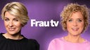 Sabine Heinrich und Lisa Ortgies vor einem lila Hintergrund, zwischen ihnen auf der Bildmitte der Schriftzug "Frau tv"