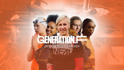 Fünf Sportlerinnen in einer Gruppe, im Hintergrund sind Szenen aus verschiedenen Sportarten, auf dem Bild der Schriftzug "Generation F – Zeit für Sportler:innen"