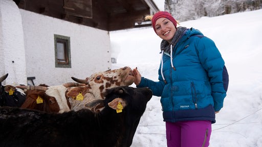 Eine Frau stehtvor einem Haus bei Kühen in schneebedeckter Landschaft
