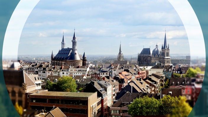 Panorama-Aufnahme von Aachen umgeben von einem runden Rahmen