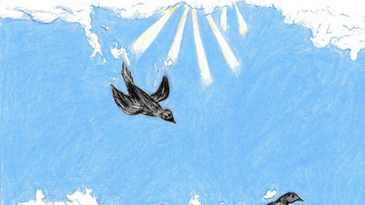 Ein gezeichnetes Bild aus dem Hospizkalender. Ein Vogel, Wolken und Sonnenstrahlen.