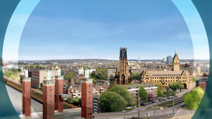 Panorama-Aufnahme von Duisburg umgeben von einem runden Rahmen