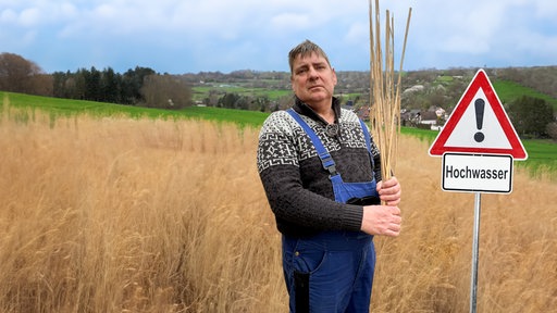 Landwirt Gerd Möhren steht auf seinem Miscanthus-Acker im Dorf Bengen und hält die Pflanze Miscanthus in seinen Händen