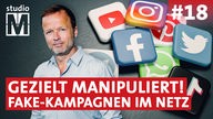 Georg Restle vor den Icons verschiedener Social-Media-Plattformen, im Vordergrund die Schrift Gezielt Manipuliert! Fake-Kampagnen im Netz