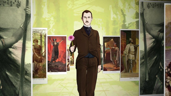 Comic-Zeichnung von Thomas Mann mit einer Blume in der Hand