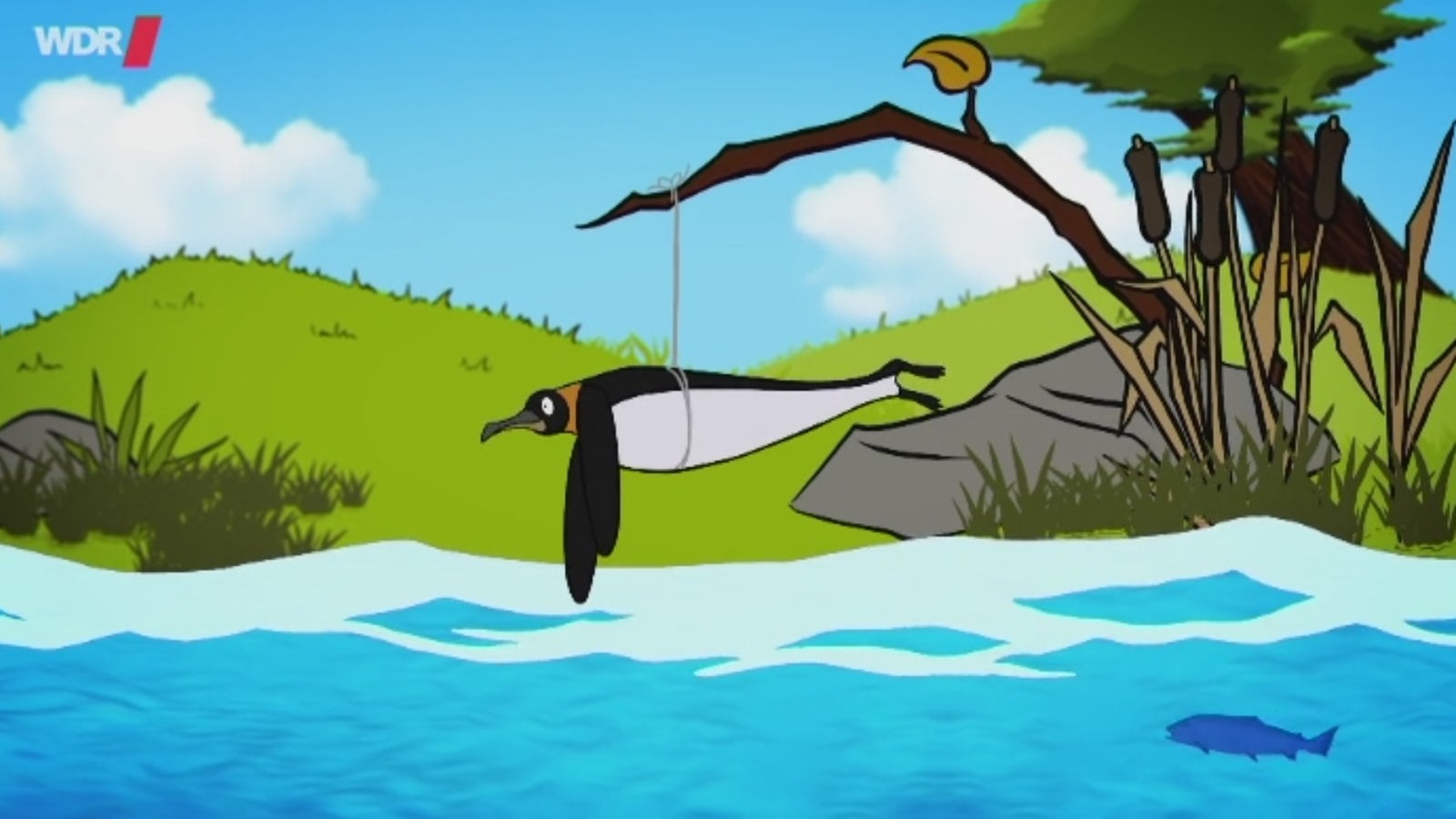 Zeichnung: Ein Pinguin hat ein Seil um den Bauch gebunden und hängt von einem Ast herab