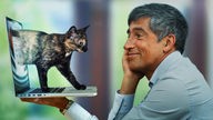 Collage: Ranga Yogeshwar schaut auf eine Katze, die aus einem Laptop tritt
