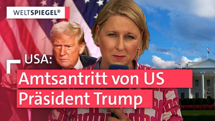 Weltspiegel Korrespondtin vor Trump und US-Flagge 