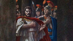 Römische Antike: Das Gemälde zeigt den Tod des römischen Kaisers Caracalla, ermordet in der Nähe von Harran am 8. April 217. Illustration von Tancredi Scarpelli (1866-1937) aus "