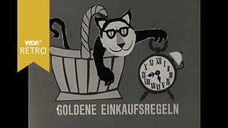 Schwarz-weiss: Plakat mit Schrift "goldene Einkaufsregeln"